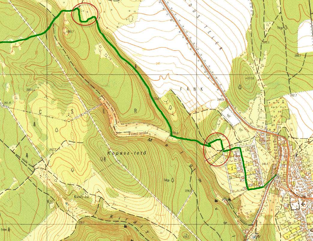 zöld sáv turistaút útvonal módosítás Felsőörs (a település a jobb alsó sarokban) és a Fajszi-erdő között